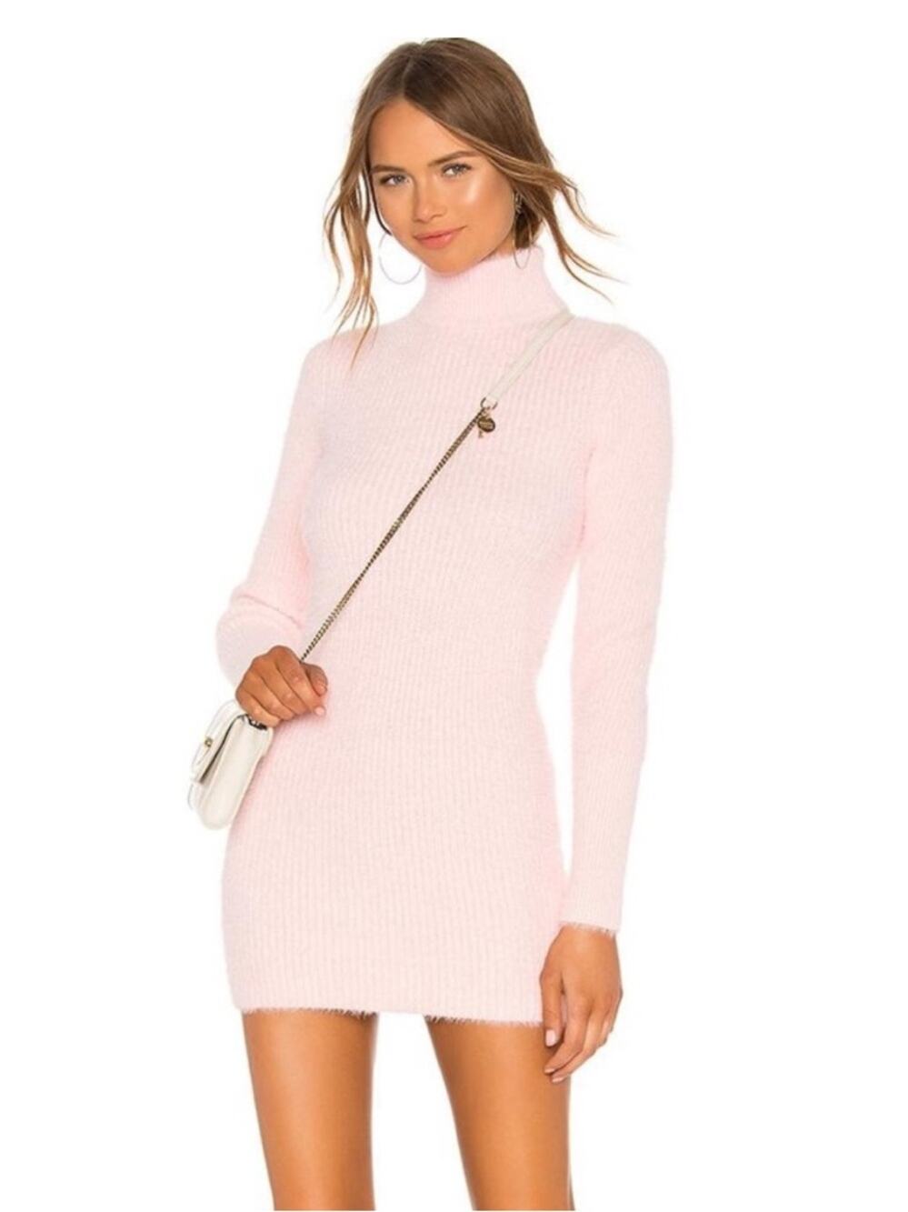 Majorelle Nelly Light Pink Fuzzy Bodycon Turtleneck Sweater Mini Dress XS